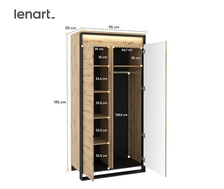 Szafa Quant 95 cm dąb artisan / czarny stylowy design szafy do pokoju lub sypialni oświetlenie LED fronty w ciekawej konfiguracji