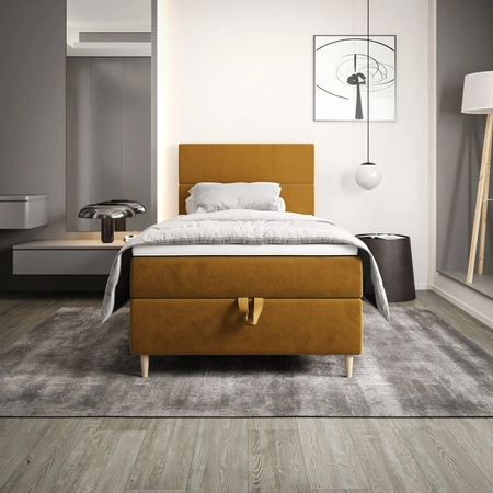 Łóżko kontynentalne Bing 120x200 musztardowe w nowoczesnym skandynawskim stylu z tapicerowanym zagłówkiem łóżko z pojemnikiem