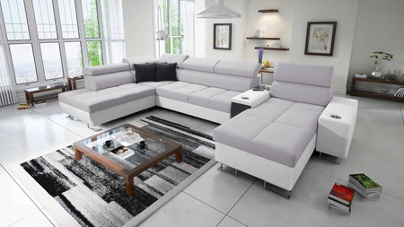 Narożnik z funkcją spania Dafni V szary popiel / biały prawostronny pleciony wygodny i komfortowy narożnik z regulowanymi zagłówkami