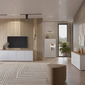 Zestaw mebli Modo biały / dąb mauvella prosta forma w nowoczesnym wydaniu zachwyci miłośników minimalistycznych wnętrz frezowane uchwyty