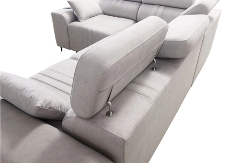 Narożnik z funkcją spania Castel II szary popiel lewostronny komfortowy narożnik z regulowanymi zagłówkami pojemnik na pościel
