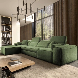 Narożnik z funkcją spania Viano XII zielony lewostronny stylowy narożnik o ciekawym kształcie regulowane zagłówki ozdobne poduszki