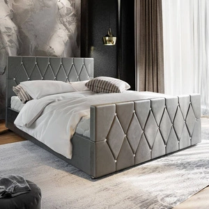 Łóżko tapicerowane Tifton 140x200 jasny szary z pojemnikiem w nowoczesnym stylu z charakterystycznym wezgłowiem oraz z zanóżkiem wykończone kryształkami