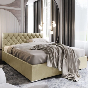 Łóżko tapicerowane Alvorada 180x200 beżowe z pojemnikiem w nowoczesnym skandynawskim stylu z pikowanym zagłówkiem