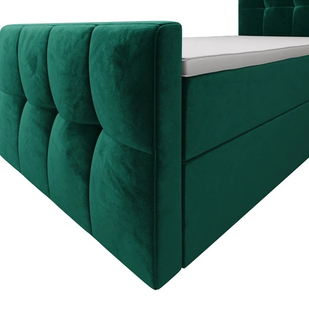 Łóżko kontynentalne Manhattan 120x200 butelkowa zieleń w nowoczesnym skandynawskim stylu z tapicerowanym zagłówkiem i zanóżkiem łóżko z pojemnikiem