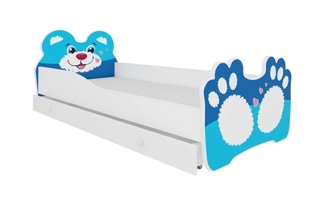 Łóżko Bear 70x140 cm biały / niebieski małe łóżko z materacem i szufladą na pościel w kształcie misia z uroczym nadrukiem niedźwiadka