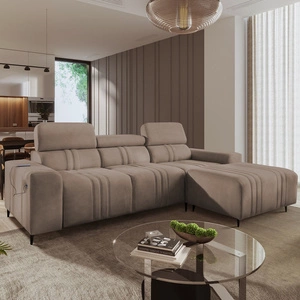 Narożnik z funkcją spania Castel jasny brąz prawostronny komfortowy i stylowy narożnik rozkładany z pojemnikiem na pościel