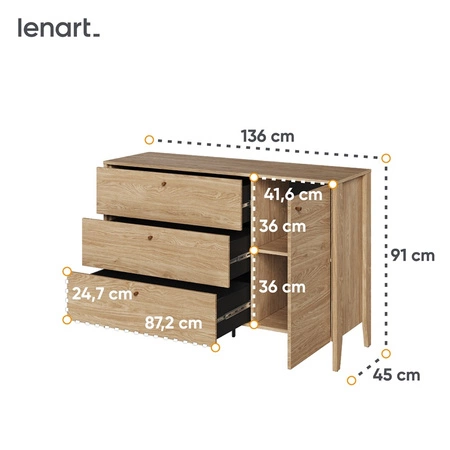 Komoda z szufladami Cozy 136 cm dąb olejowany klasyczny design komody do sypialni niewielkie uchwyty o ciekawym wykończeniu