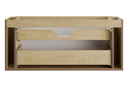 Szafka pod umywalkę Ovalia Cremona 120 cm dąb cremona charakterystyczne zaokrąglone rogi szafki czarne metalowe uchwyty krawędziowe