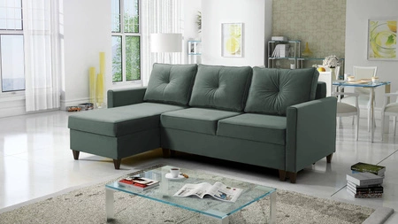 Narożnik z funkcją spania Terni stalowa zieleń lewostronny praktyczny i funkcjonalny narożnik wyposażony w pojemne pojemniki na pościel