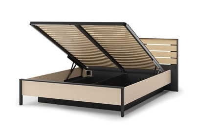 Łóżko Enna 160x200 cm beżowy / czarny / dąb natura komfortowe łóżko do sypialni z pojemnikiem zagłówek wzbogacony o oświetlenie LED