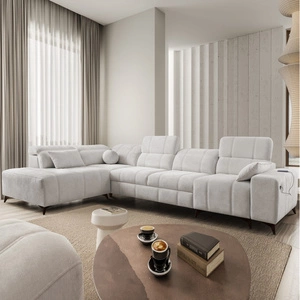 Narożnik z funkcją spania Penejos XI szary popiel lewostronny wygodny narożnik z regulowanymi zagłówkami i dwoma pojemnikami na pościel