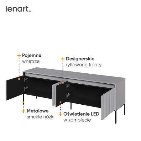 Szafka RTV Trend 167 cm szara praktyczna i stylowa szafka z ryflowanymi frontami wzbogacona o oświetlenie LED metalowa podstawa