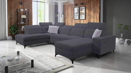 Narożnik z funkcją spania Kelly Sleek VI grafitowy prawostronny nowoczesny design narożnik do salonu z regulowanymi zagłówkami