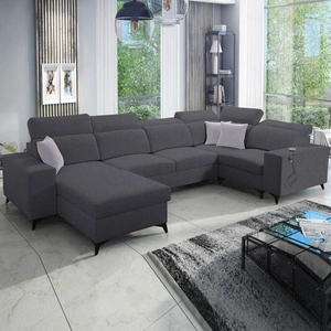 Narożnik z funkcją spania Kelly Sleek IV grafitowy lewostronny narożnik rozkładany z pojemnikami na pościel pleciona tkanina