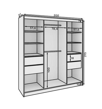 Szafa przesuwna z lustrem Keri 200 cm dąb sonoma jasny funkcjonalna szafa z dekoracyjnymi srebrnymi listwami wewnętrzne szuflady