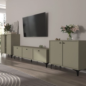 Meblościanka Kioto I eukaliptus stylowy design mebli do salonu eleganckie meble wsparte na metalowej czarnej podstawie subtelne uchwyty