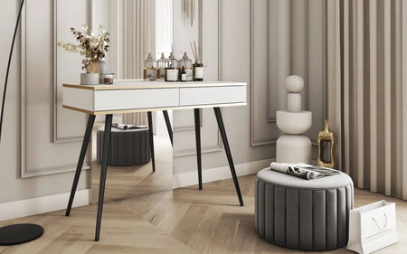 Konsola Luxury biała z szufladami stylowa i elegancka toaletka wsparta na wysokich czarnych nogach korpus zwieńczony złotą listwą