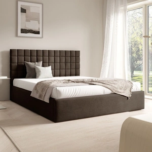 Łóżko tapicerowane Graso 140x200 brązowe nowoczesne i eleganckie łóżko gustowny symetryczny wzór na wezgłowiu pojemnik na pościel