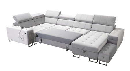 Narożnik z funkcją spania Hampton IV granatowy prawostronny funkcjonalny narożnik z dostawką która sprawdzi się jako podnóżek