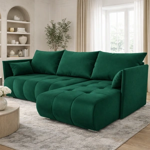 Narożnik z funkcją spania Selva butelkowa zieleń uniwersalny narożnik z pojemnikiem na pościel miękka tkanina typu velvet