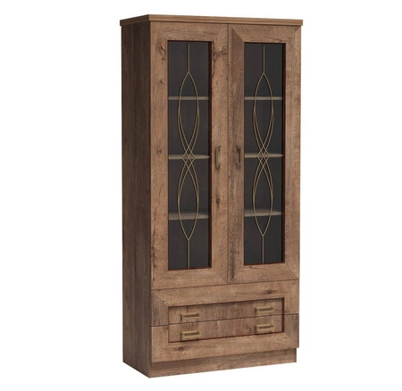 Witryna Tade 90 cm dąb lefkas elegancki styl witryna ozdobina subtelnymi ornamentami na szklanym froncie idealna do salonu lub pokoju dziennego