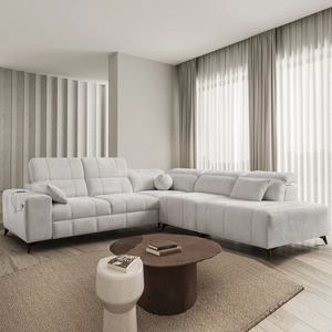 Narożnik z funkcją spania Penejos IX szary popiel prawostronny stylowy narożnik z pojemnikami na pościel wygodne regulowane zagłówki