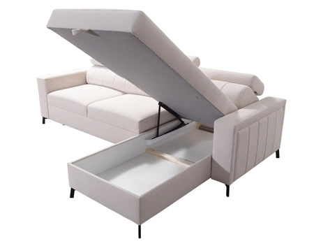 Narożnik z funkcją spania Savona żółty / biały prawostronny elegancki narożnik z regulowanymi zagłówkami dekoracyjne przeszycia