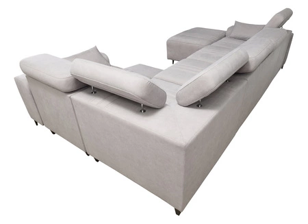 Narożnik z funkcją spania Castel IV jasny brąz lewostronny stylowy narożnik z pojemnikami na pościel i regulowanymi zagłówkami