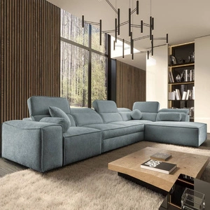 Narożnik z funkcją spania Viano XI szary błękit prawostronny modny i stylowy narożnik z regulowanymi zagłówkami ozdobne poduszki