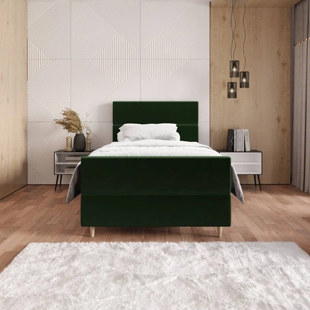 Łóżko kontynentalne Benet 120x200 butelkowa zieleń w nowoczesnym skandynawskim stylu z tapicerowanym zagłówkiem oraz zanóżkiem łóżko z pojemnikiem