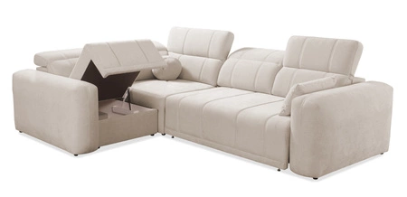 Narożnik z funkcją spania Cetara II szary lewostronny stylowy design przesuwane oparcia regulowane zagłówki i pojemnik na pościel