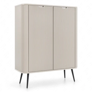 Komoda Zoya 103 cm beżowa elegancki design owalny kształt bryły osadzony na czarnych metalowych nogach gustowny ryflowany front