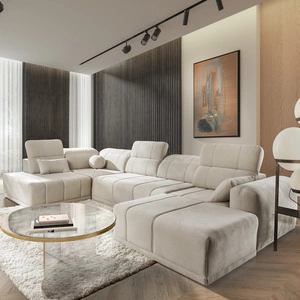 Narożnik z funkcją spania Cetara VI beżowy prawostronny komfortowy i stylowy narożnik rozkładany z przesuwanymi oparciami