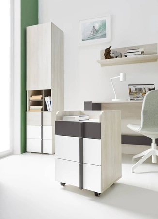 Biurko Remona 130 cm dąb wilton biały / biały / antracyt z szafką na kółkach stylowe oraz funkcjonalne do biura gabinetu lub pokoju młodzieżowego