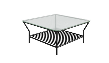 Stolik ogrodowy Teneryfa 92x92 cm czarny nowoczesny design stolik z dodatkową półką poniżej blatu dekoracyjne szkło na blacie