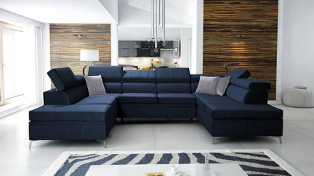 Narożnik z funkcją spania Rava VIII granatowy prawostronny elegancki design gustowna bryła z gwarancją komfortu miękka tkanina