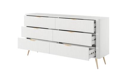 Komoda z szufladami Lante 163 cm biała elegancki design owalny kształt komody osadzona na wysokich nogach gustowny ryflowany front