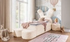 Łóżko kontynentalne Beti Plus 100x200 beżowe uroczy design unikatowy zagłówek w kształcie króliczka łózko z szafkami nocnymi i pufami