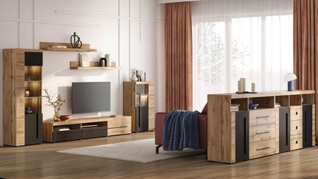 Zestaw mebli Roger dąb wotan / czarny gustowna stylistyka mebli wzbogacona o stylowe czarne dodatki idealna meblościanka do pokoju dziennego