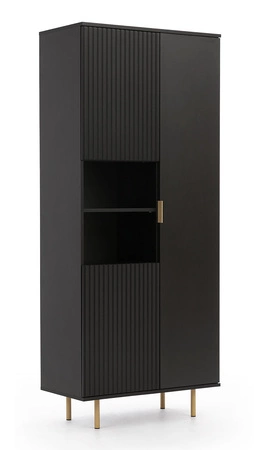 Zestaw mebli Sula czarny meblościanka do salonu wzbogacona o metalowe uchwyty ozdobne ryflowane fronty system push to open