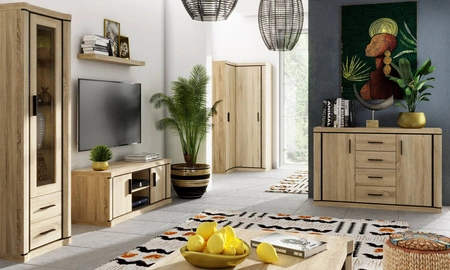 Komoda z szufladami Dallas 117 cm dąb sonoma / czarny elegancka stylistyka mebla wzbogacona o stylowe czarne dodatki