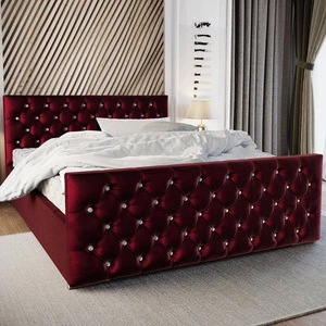 Łóżko tapicerowane Uberaba 180x200 bordowe z pojemnikiem w nowoczesnym skandynawskim stylu z pikowanym wezgłowiem i zanóżkiem z kryształkami