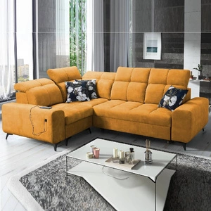 Narożnik z funkcją spania Buffalo II żółty lewostronny funkcjonalny i stylowy narożnik rozkładany z regulowanymi zagłówkami