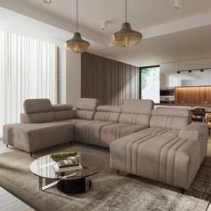 Narożnik z funkcją spania Castel VI jasny brąz prawostronny wygodny i elegancki narożnik z dwoma pojemnikami na pościel