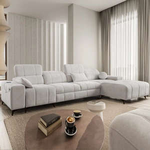 Narożnik z funkcją spania Penejos XII szary popiel prawostronny stylowy narożnik z pojemnikami na pościel komfortowe regulowane zagłówki