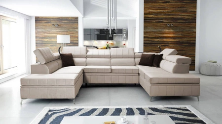 Narożnik z funkcją spania Rava VIII jasny beż prawostronny elegancki design gustowna bryła z gwarancją komfortu miękka tkanina