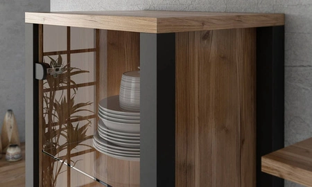 Witryna Olin 101 cm appenzeller / czarny nowoczesny design czarne uchwyty witryna w stylu industrialnym szkło hartowane