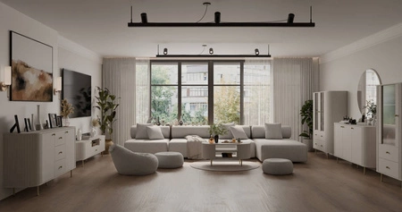 Witryna Ovalio 97 cm beżowa stylowy design bezpieczne szkło hartowane witryna o owalnym kształcie z dekoracyjnymi frezowaniami