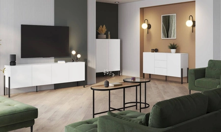 Zestaw mebli do salonu Jukon biały elegancka forma mebla w nowoczesnym stylu system otwierania push to open metalowe czarne nogi